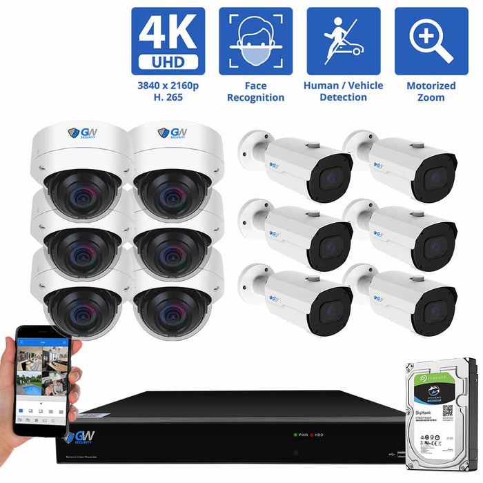 GW Security 16 Channel NVR Security Camera System with 6 * 8MP IP Bullet 2.8mm-12mm Motorized Lens Camera & 6 * 8MP IP Dome 2.8mm Fixed Lens Camera, Face Recognition, Human / Vehicle Detection, 4X Optical Zoom, Built-In Microphone, PoE