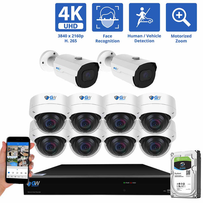 GW Security 16 Channel NVR Security Camera System with 2 * 8MP IP Bullet 2.8mm-12mm Motorized Lens Camera & 8 * 8MP IP Dome 2.8mm Fixed Lens Camera, Face Recognition, Human / Vehicle Detection, 4X Optical Zoom, Built-In Microphone, PoE