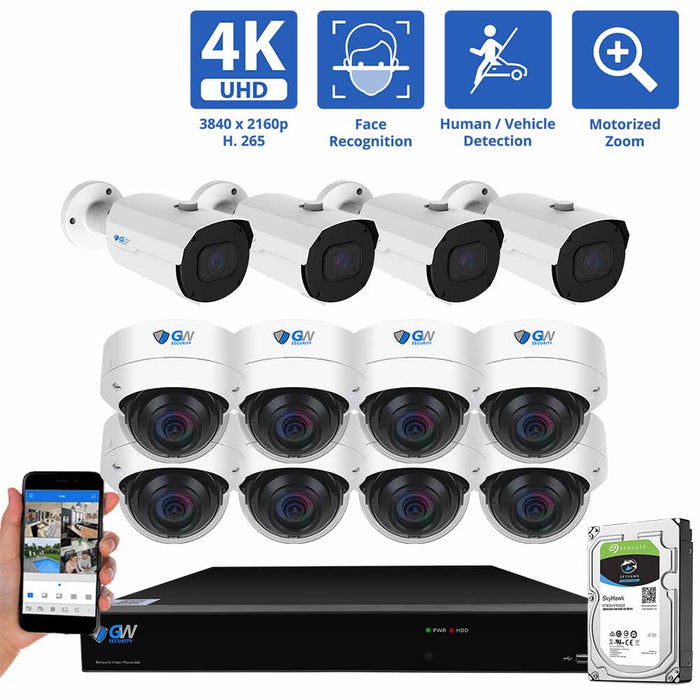 GW Security 16 Channel NVR Security Camera System with 4 * 8MP IP Bullet 2.8mm-12mm Motorized Lens Camera & 8 * 8MP IP Dome 2.8mm Fixed Lens Camera, Face Recognition, Human / Vehicle Detection, 4X Optical Zoom, Built-In Microphone, PoE