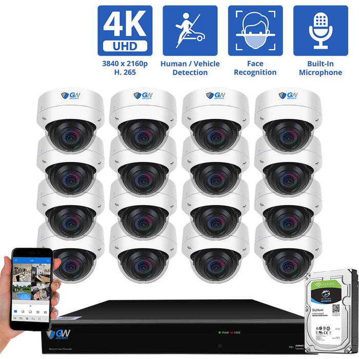 GW Security 16 Channel NVR Security Camera System with 16 * 8MP IP Dome 2.8mm Fixed Lens Camera, Face Recognition, Human & Vehicle Detection, Built-in Mic, PoE