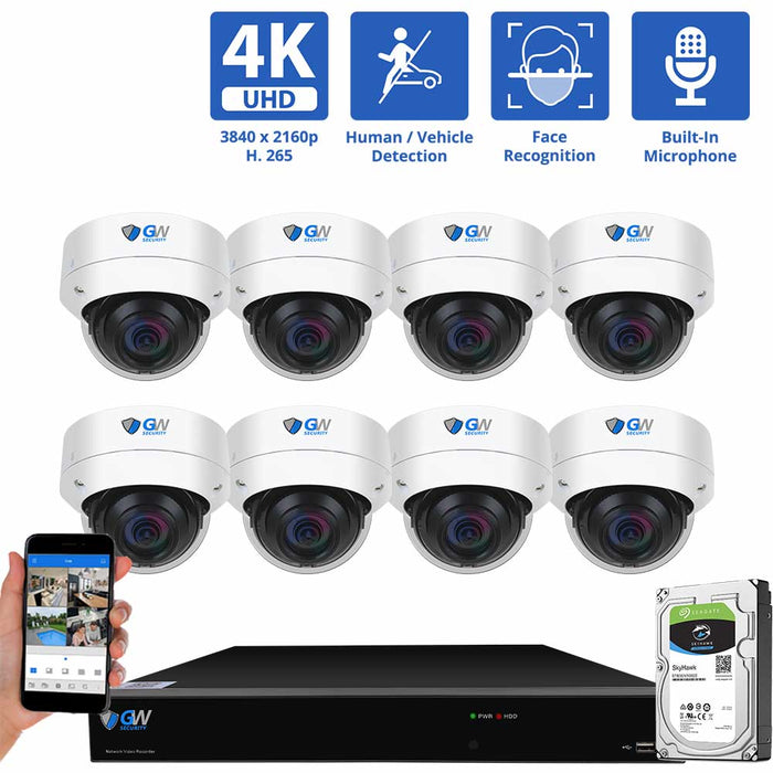 GW Security 8 Channel NVR Security Camera System with 8 * 8MP IP Dome 2.8mm Fixed Lens Camera, Face Recognition, Human & Vehicle Detection, Built-in Mic, PoE