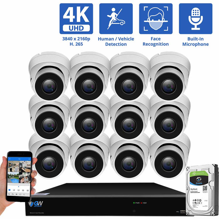 GW Security 16 Channel NVR Security Camera System with 12 * 8MP IP Turret 3.6mm Fixed Lens Camera, Face Recognition, Human & Vehicle Detection, Built-in Mic, PoE