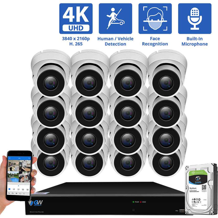 GW Security 16 Channel NVR Security Camera System with 16 * 8MP IP Turret 3.6mm Fixed Lens Camera, Face Recognition, Human & Vehicle Detection, Built-in Mic, PoE