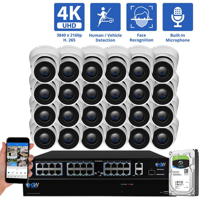 GW Security 32 Channel NVR Security Camera System with 24 * 8MP IP Turret 3.6mm Fixed Lens Camera, Face Recognition, Human & Vehicle Detection, Built-in Mic, PoE