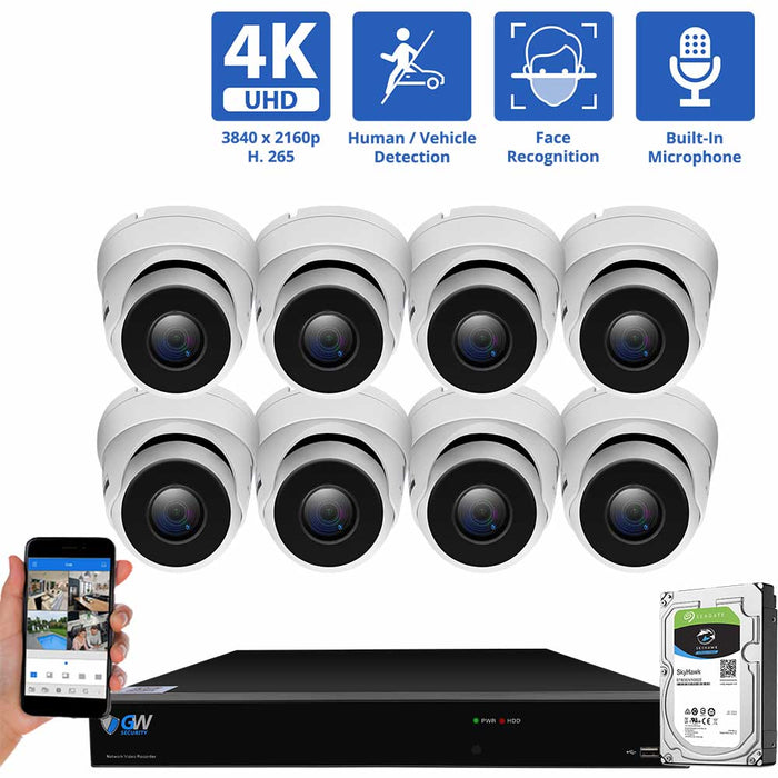 GW Security 8 Channel NVR Security Camera System with 8 * 8MP IP Turret 3.6mm Fixed Lens Camera, Face Recognition, Human & Vehicle Detection, Built-in Mic, PoE