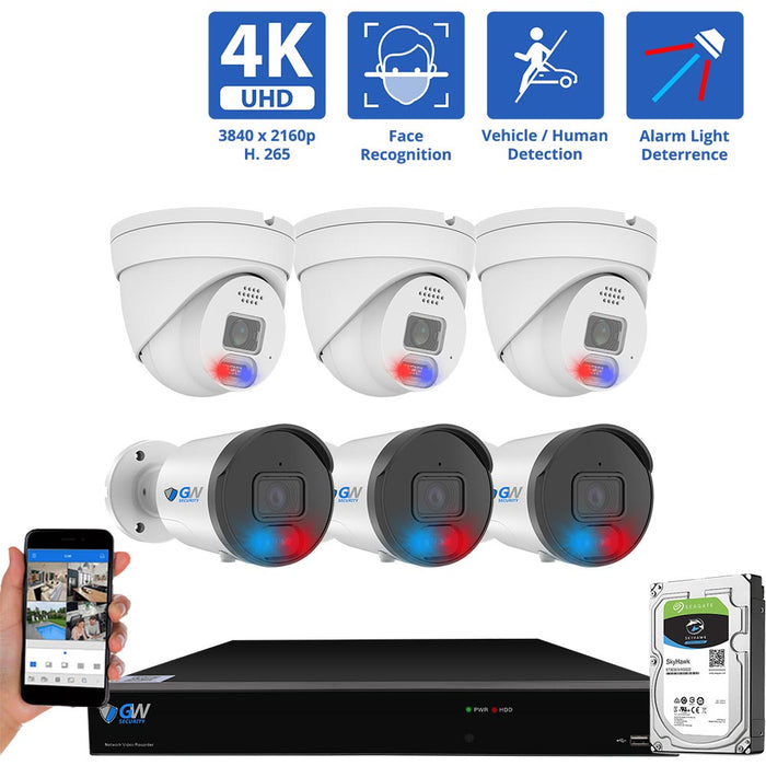 GW Security 8 Channel NVR Security Camera System with 3 * 8MP IP Bullet 3.6mm Fixed Lens Camera,  3 * 8MP IP Turret 3.6mm Fixed Lens Camera Face Recognition, Human / Vehicle Detection, Full-time Color Night Vision with Alarm Lights