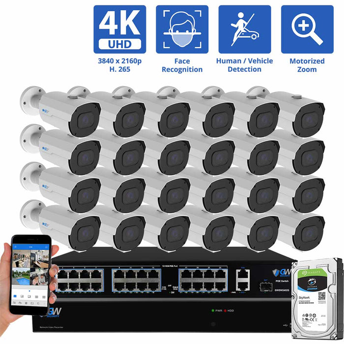 GW Security 32 Channel NVR Security Camera System with 24 * 8MP IP Bullet 2.8mm-12mm Motorized Lens Camera, Face Recognition, Human / Vehicle Detection, 4X Optical Zoom, Built-In Microphone, PoE