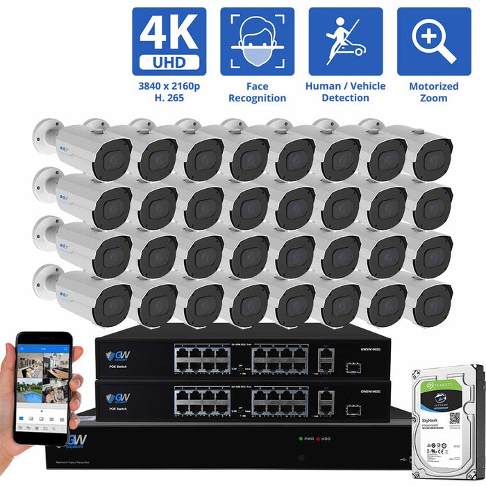 GW Security 32 Channel NVR Security Camera System with 32 * 8MP IP Bullet 2.8mm-12mm Motorized Lens Camera, Face Recognition, Human / Vehicle Detection, 4X Optical Zoom, Built-In Microphone, PoE