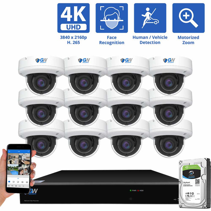 GW Security 16 Channel NVR Security Camera System with 12 * 8MP IP Dome 2.8mm-12mm Motorized Lens Camera, Face Recognition, Human / Vehicle Detection, 4X Optical Zoom, Built-In Microphone