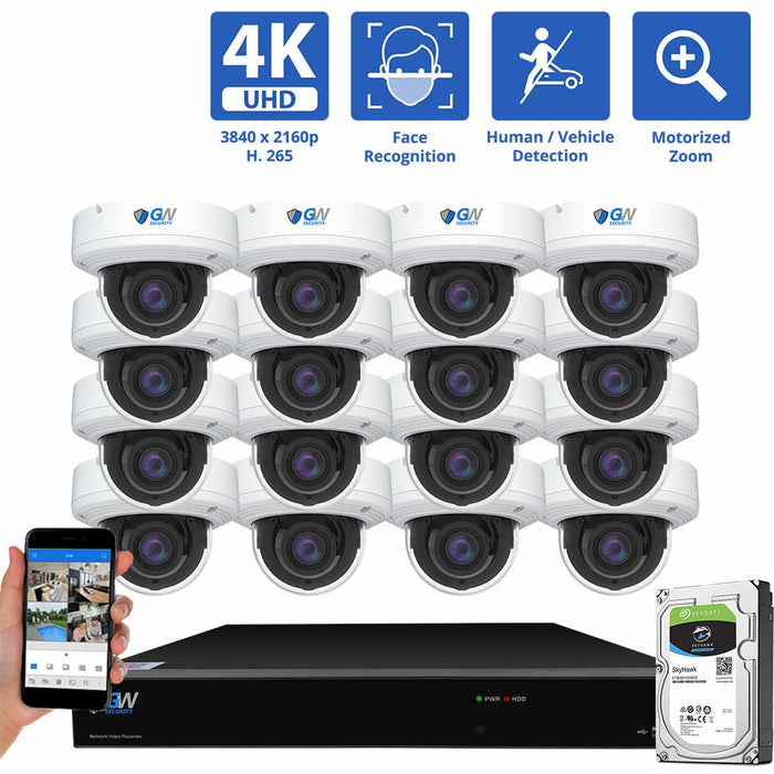 GW Security 16 Channel NVR Security Camera System with 16 * 8MP IP Dome 2.8mm-12mm Motorized Lens Camera, Face Recognition, Human / Vehicle Detection, 4X Optical Zoom, Built-In Microphone