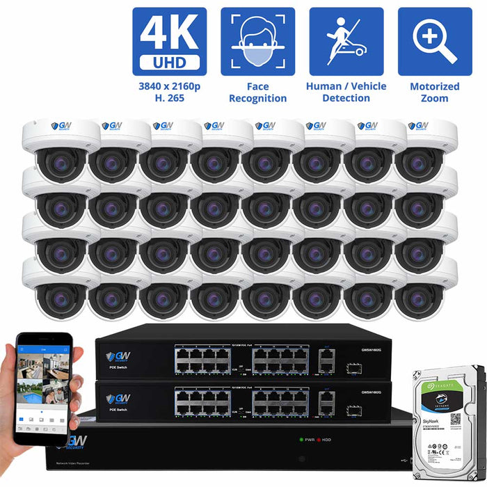 GW Security 32 Channel NVR Security Camera System with 32 * 8MP IP Dome 2.8mm-12mm Motorized Lens Camera, Face Recognition, Human / Vehicle Detection, 4X Optical Zoom, Built-In Microphone