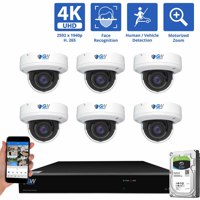 GW Security 8 Channel NVR Security Camera System with 6 * 8MP IP Dome 2.8mm-12mm Motorized Lens Camera, Face Recognition, Human / Vehicle Detection, 4X Optical Zoom, Built-In Microphone