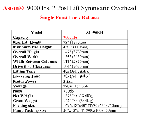 Aston® 9000 lbs. 2 Post Lift Overhead AL-90RH 220v