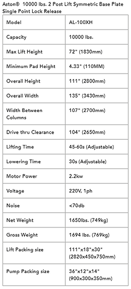 Aston® 2-Post Car Lift 10000 lbs. Single Point Lock Release AL-100XH
