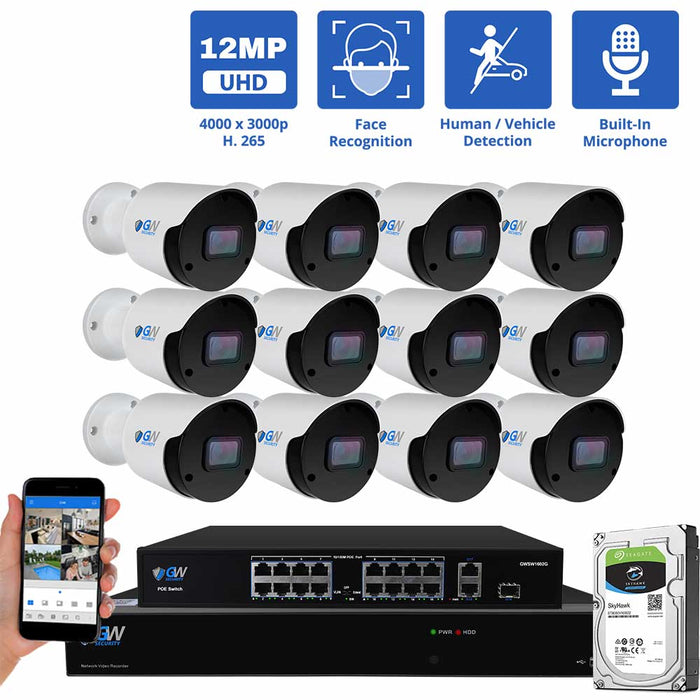 GW Security 32 Channel NVR Security Camera System with 12 * 12MP IP Bullet 3.6mm Fixed Lens Camera, Face Recognition, Human / Vehicle Detection, Built-In Microphone, PoE