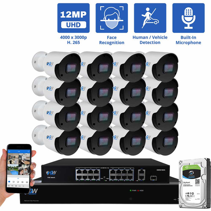 GW Security 32 Channel NVR Security Camera System with 16 * 12MP IP Bullet 3.6mm Fixed Lens Camera, Face Recognition, Human / Vehicle Detection, Built-In Microphone, PoE