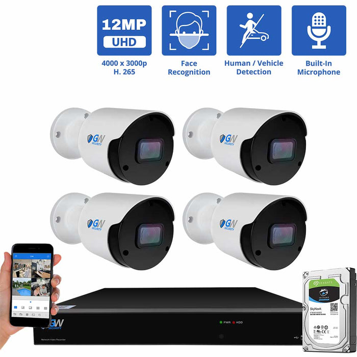 GW Security 8 Channel NVR Security Camera System with 4 * 12MP IP Bullet 3.6mm Fixed Lens Camera, Face Recognition, Human / Vehicle Detection, Built-In Microphone, PoE