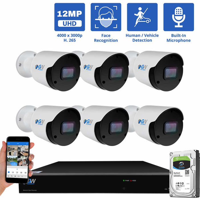 GW Security 16 Channel NVR Security Camera System with 6 * 12MP IP Bullet 3.6mm Fixed Lens Camera, Face Recognition, Human / Vehicle Detection, Built-In Microphone, PoE