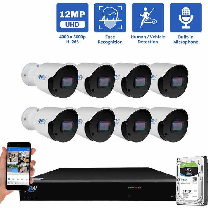 GW Security 16 Channel NVR Security Camera System with 8 * 12MP IP Bullet 3.6mm Fixed Lens Camera, Face Recognition, Human / Vehicle Detection, Built-In Microphone, PoE