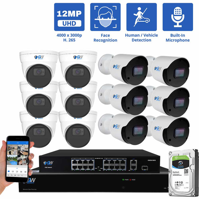 GW Security 32 Channel NVR Security Camera System with 6 * 12MP IP Bullet 3.6mm Fixed Lens Camera & 6 * 12MP IP Turret 3.6mm Fixed Lens Camera, Face Recognition, Human / Vehicle Detection, Built-In Microphone, PoE