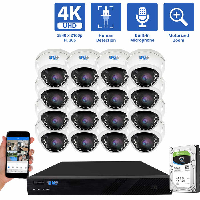 GW Security 16 Channel NVR Security Camera System with 16 * 8MP IP Dome 2.8-8mm Motorized Lens Camera, Human Detection, 3X Motorized Zoom, Built-In Microphone, Vandal-Proof, PoE