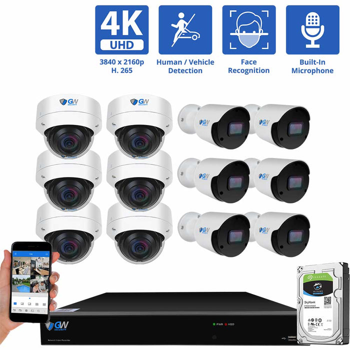 GW Security 16 Channel NVR Security Camera System with 6 * 8MP IP Dome 2.8mm Fixed Lens Camera & 6 * 8MP IP Bullet 3.6mm Fixed Lens Camera, Face Recognition, Human & Vehicle Detection, Built-in Mic, PoE