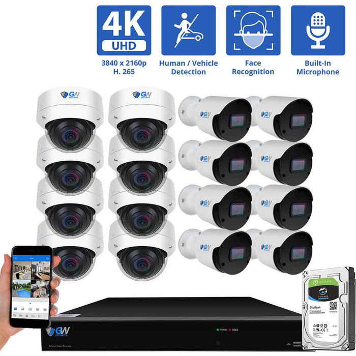 GW Security 16 Channel NVR Security Camera System with 8 * 8MP IP Dome 2.8mm Fixed Lens Camera & 8 * 8MP IP Bullet 3.6mm Fixed Lens Camera, Face Recognition, Human & Vehicle Detection, Built-in Mic, PoE