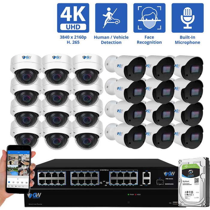 GW Security 32 Channel NVR Security Camera System with 12 * 8MP IP Dome 2.8mm Fixed Lens Camera & 12 * 8MP IP Bullet 3.6mm Fixed Lens Camera, Face Recognition, Human & Vehicle Detection, Built-in Mic, PoE