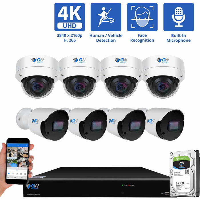 GW Security 8 Channel NVR Security Camera System with 4 * 8MP IP Dome 2.8mm Fixed Lens Camera & 4 * 8MP IP Bullet 3.6mm Fixed Lens Camera, Face Recognition, Human & Vehicle Detection, Built-in Mic, PoE