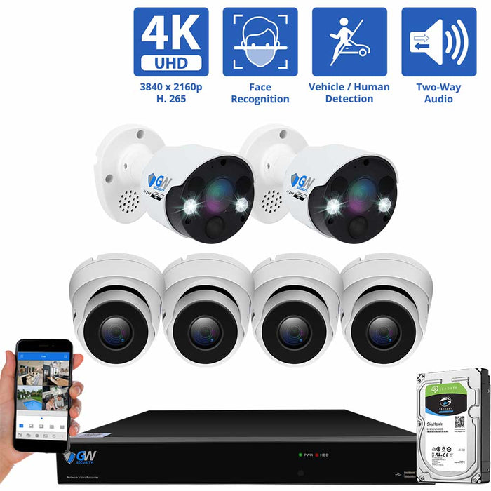 GW Security 8 Channel NVR Security Camera System with 2 * 8MP IP Bullet 3.6mm Fixed Lens Camera & 4 * 8MP IP Turret 3.6mm Fixed Lens Camera, Face Recognition, Human / Vehicle Detection, Two-Way Audio, Spotlight