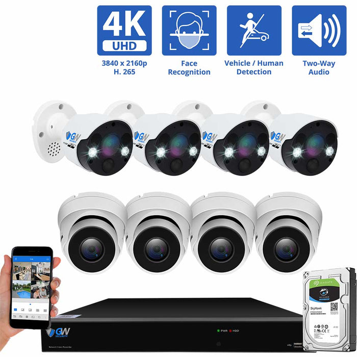 GW Security 8 Channel NVR Security Camera System with 4 * 8MP IP Bullet 3.6mm Fixed Lens Camera & 4 * 8MP IP Turret 3.6mm Fixed Lens Camera, Face Recognition, Human / Vehicle Detection, Two-Way Audio, Spotlight