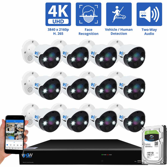 GW Security 16 Channel NVR Security Camera System with 12 * 8MP IP Bullet 3.6mm Fixed Lens Camera, Face Recognition, Human / Vehicle Detection, Two-Way Audio, Spotlight