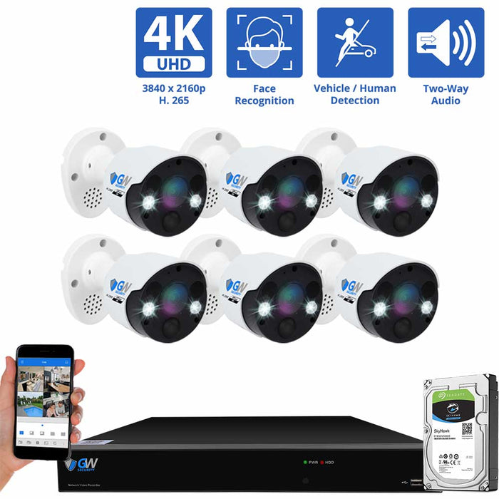 GW Security 8 Channel NVR Security Camera System with 6 * 8MP IP Bullet 3.6mm Fixed Lens Camera, Face Recognition, Human / Vehicle Detection, Two-Way Audio, Spotlight