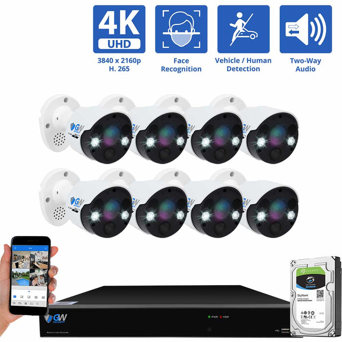 GW Security 8 Channel NVR Security Camera System with 8 * 8MP IP Bullet 3.6mm Fixed Lens Camera, Face Recognition, Human / Vehicle Detection, Two-Way Audio, Spotlight