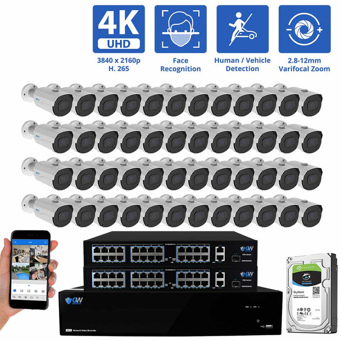 GW Security 64 Channel NVR Security Camera System with 48 * 8MP IP Bullet 2.8mm-12mm Varifocal Lens Camera, Face Recognition, Human / Vehicle Detection, 4X Optical Zoom, Built-In Microphone