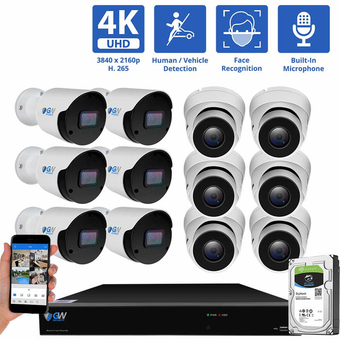 GW Security 16 Channel NVR Security Camera System with 6 * 8MP IP Bullet 3.6mm Fixed Lens Camera, 6 * 8MP IP Turret 3.6mm Fixed Lens Camera, Human & Vehicle Detection, Built-in Mic, PoE