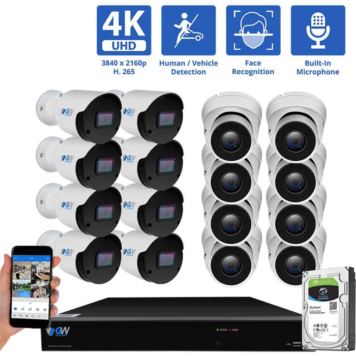 GW Security 16 Channel NVR Security Camera System with 8 * 8MP IP Bullet 3.6mm Fixed Lens Camera, 8 * 8MP IP Turret 3.6mm Fixed Lens Camera, Human & Vehicle Detection, Built-in Mic, PoE