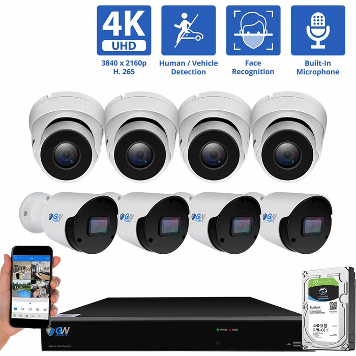 GW Security 8 Channel NVR Security Camera System with 4 * 8MP IP Bullet 3.6mm Fixed Lens Camera, 4 * 8MP IP Turret 3.6mm Fixed Lens Camera, Human & Vehicle Detection, Built-in Mic, PoE