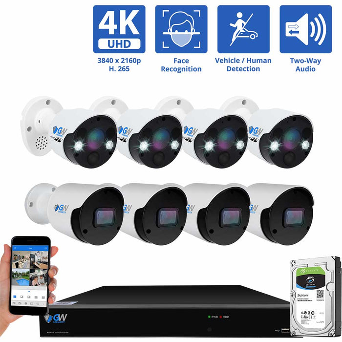 GW Security 8 Channel NVR Hybrid Security Camera System with 4 * 8MP IP Bullet 3.6mm Fixed Lens Camera &  4 * 8MP IP Spotlight Bullet 3.6mm Fixed Lens Camera &  Face Recognition, Human / Vehicle Detection, Two-Way Audio, Spotlight, PoE