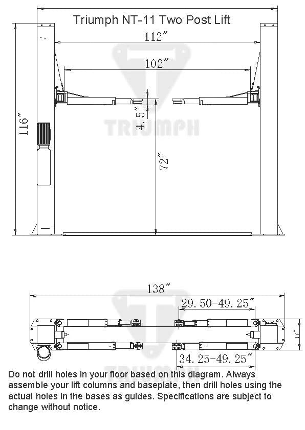 Triumph NT-11 11,000 lb Two Post Auto Lift