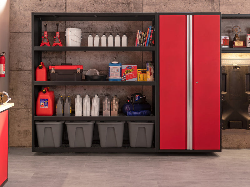 NewAge Pro Series 9 Piece Cabinet Set with Wall, Base, Tool Drawer Cabinet, 56 in. Integrated Shelf and 112 in. Worktop