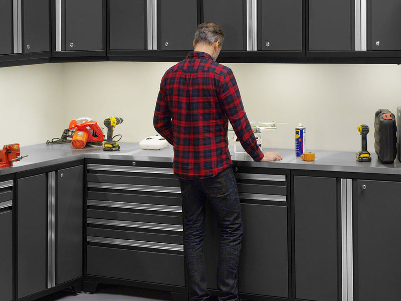 NewAge Pro Series Gray 16 Piece Cabinet Set with Wall, Tool Drawer, Multi-Function Cabinet, Lockers and 168 in. Worktop