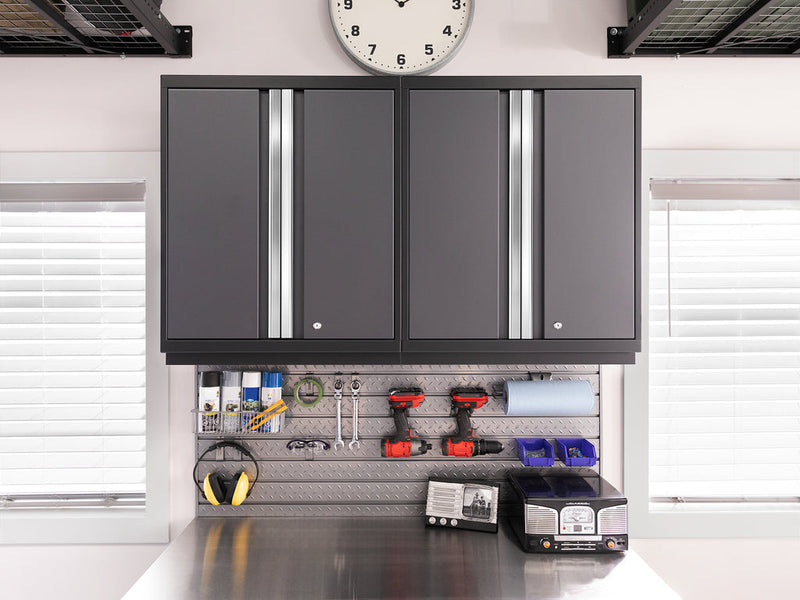 NewAge Pro Series Gray 12 Piece Cabinet Set with Wall, Tool Drawer, Multi-Function Cabinet, Lockers and 112 in. Worktop