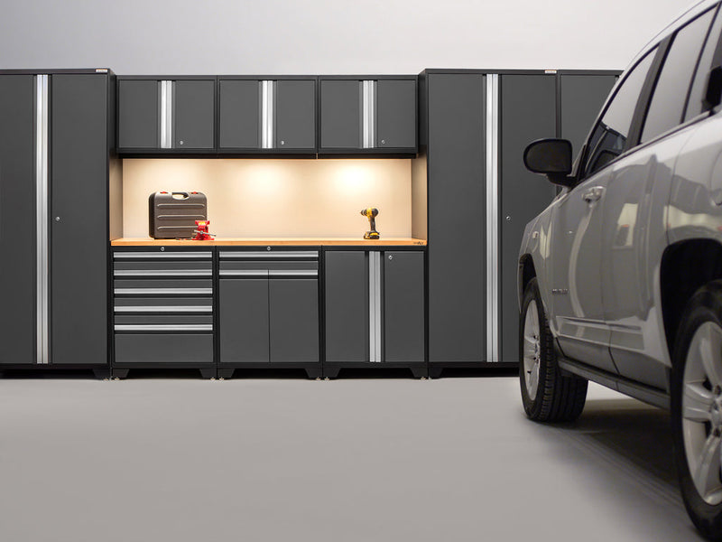 NewAge Pro Series Gray 12 Piece Cabinet Set with Wall, Tool Drawer, Multi-Function Cabinet, Lockers and 112 in. Worktop